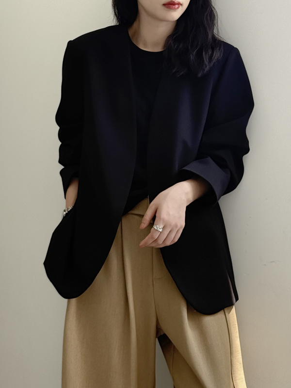 言双 气质无领西装外套女垫肩秋季新款高级质感宽松西服上衣82561|undefined