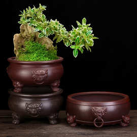 紫砂花盆古铜色室内桌面个性陶瓷黑松盆蝴蝶兰桌面老桩盆景盆批发