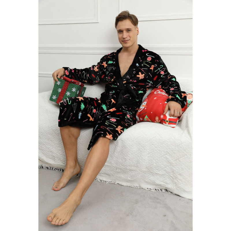 2021 Dropshipping European and American Amazon Cross-Border Men's Christmas Printed Flannel Bathrobe Nightgown Dressing Gown