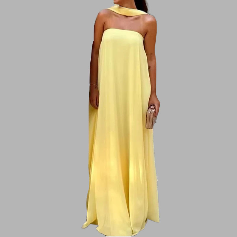 2026 New Spring Women's Clothing European and American Style Strapless Dress High-Waisted Slimming Solid Color Dress with Ribbons for Women