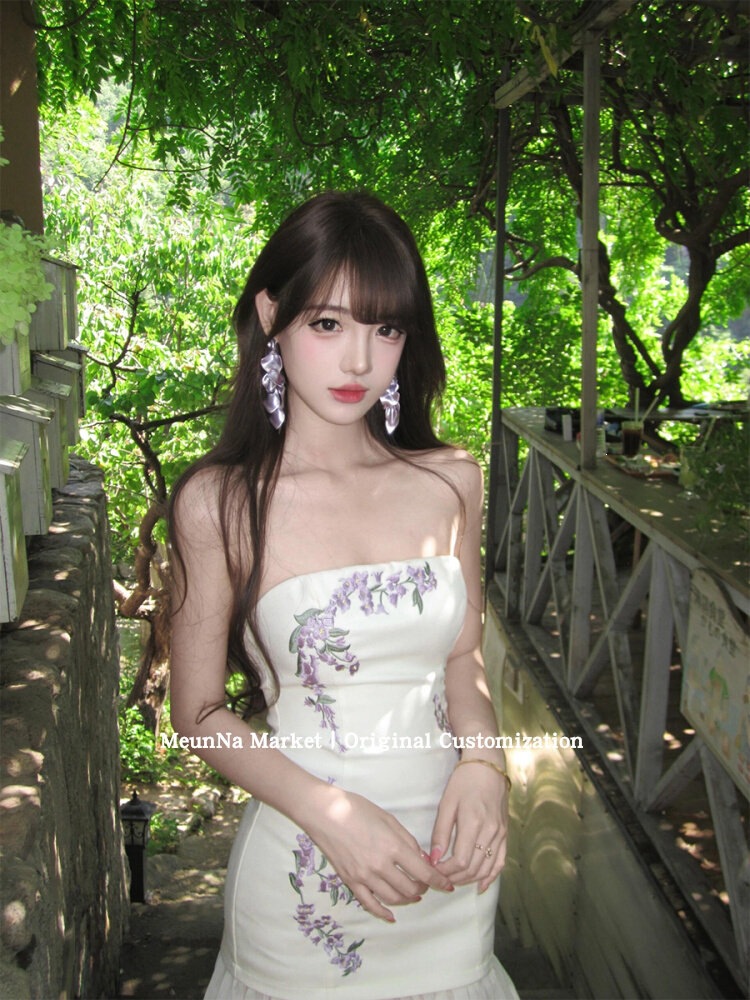 Tube top, summer fashionable dress, elegant long skirt, Chinese style, open shoulders, slim fit