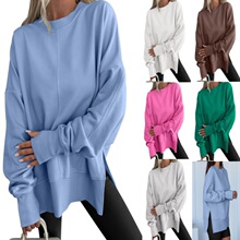 欧美跨境亚马逊TEMU爆款宽松卫衣侧边开叉拼接圆领蝙蝠袖加绒上衣