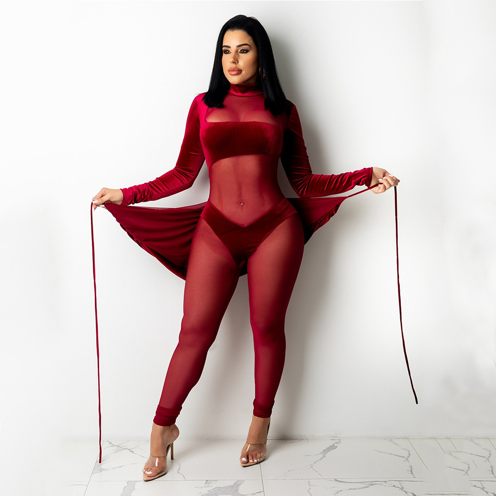 Women's fashion sexy mesh velvet splicing solid color jumpsuit_voghion.com