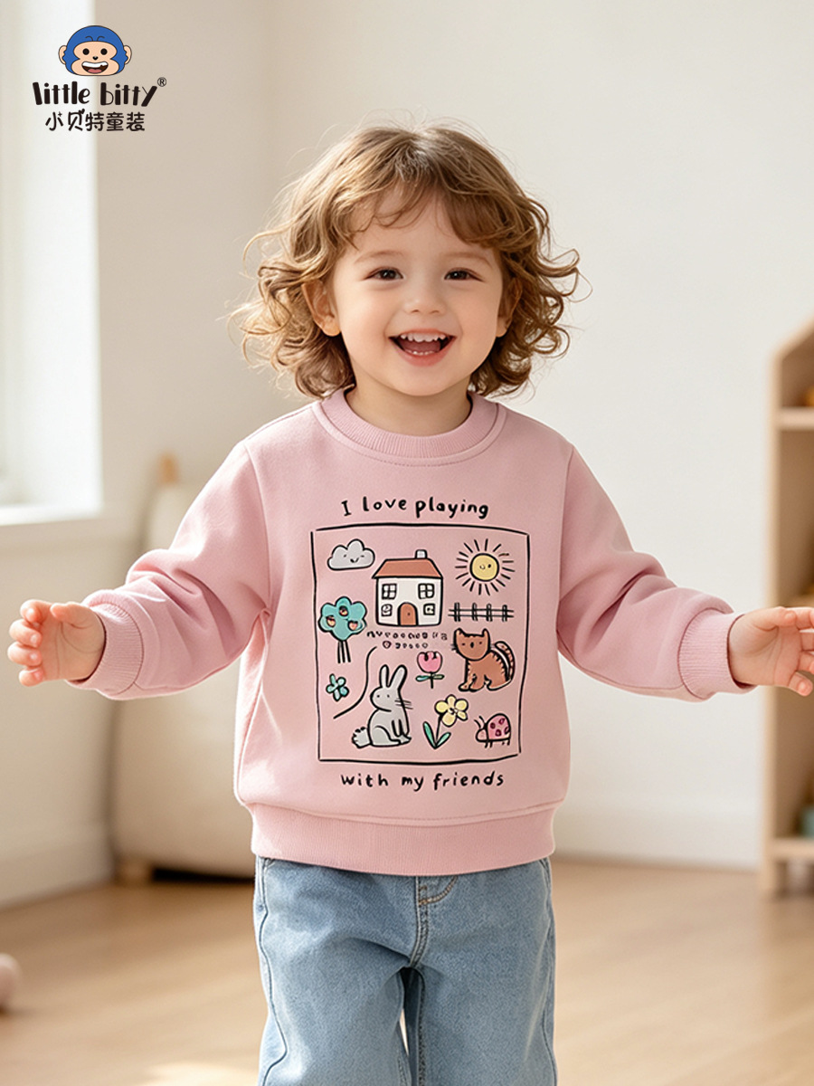 Cross-border casual fashion 2026 autumn and winter children's sweatshirt with pastoral animal print, round neck, in-stock children's clothing
