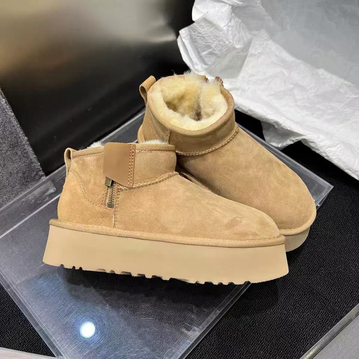 Ankle winter boots, platform sole, high warmth, camel, sizes 35–40