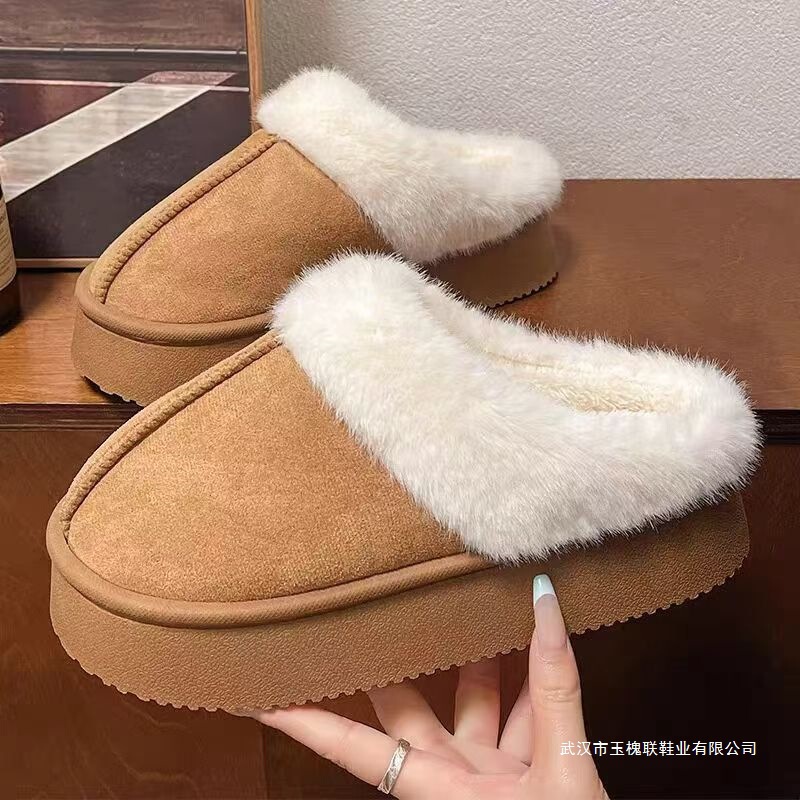 Furry Slippers for Women's Outer Wear 2025 Autumn and Winter New Fur Integrated Snow Boots Thick-Soled Fleece-Lined Toe Cotton Slippers