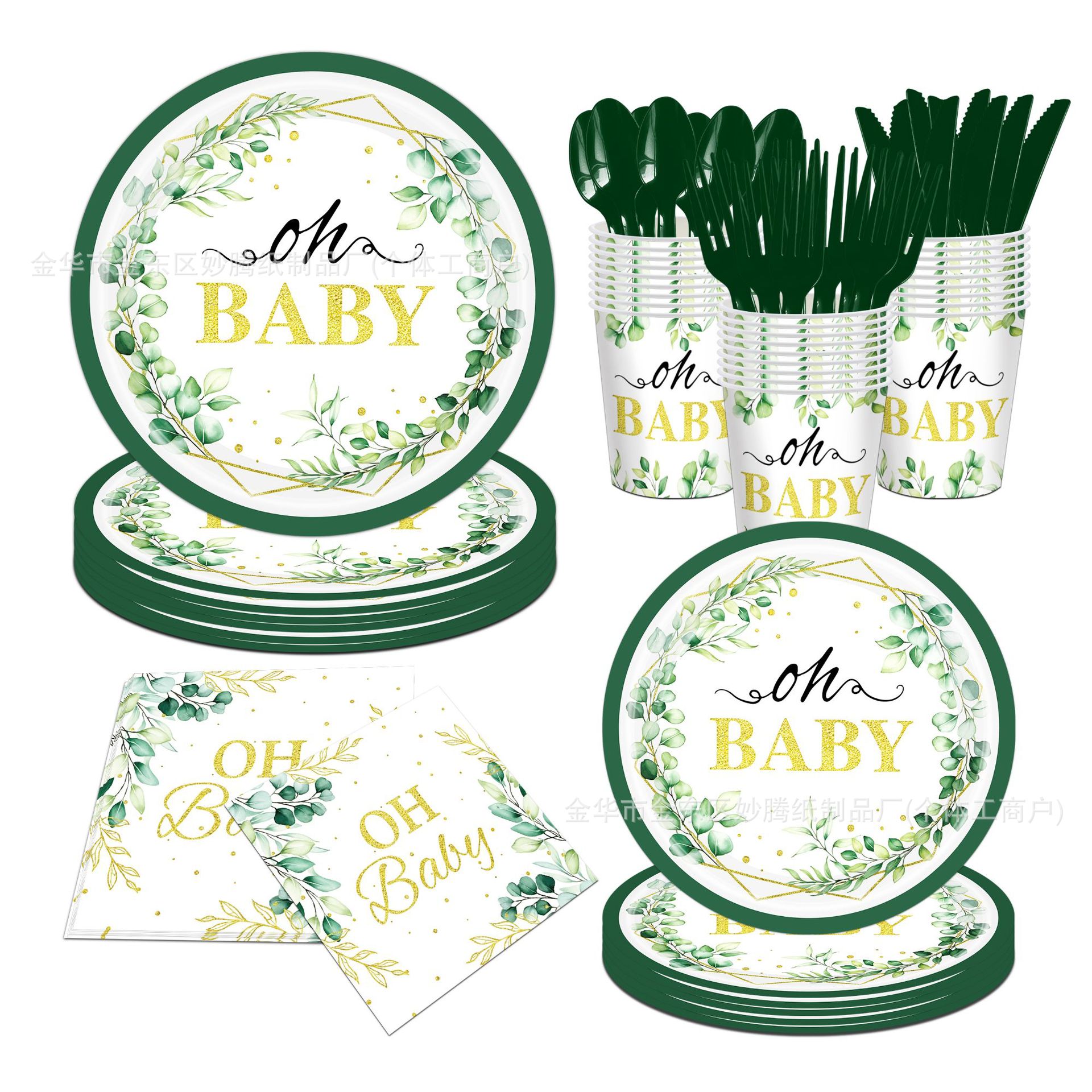 Nuevo conjunto de cubiertos desechables transfronterizos para bebés de Eucalyptus, familia y amigos, fiesta, bandeja desechable