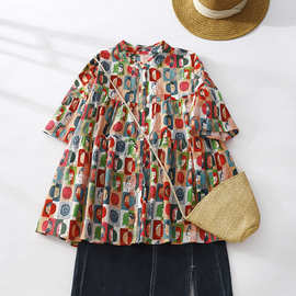 实拍 娃娃衫2023年新款韩版a字层层玩偶涂鸦棉质短袖衬衫