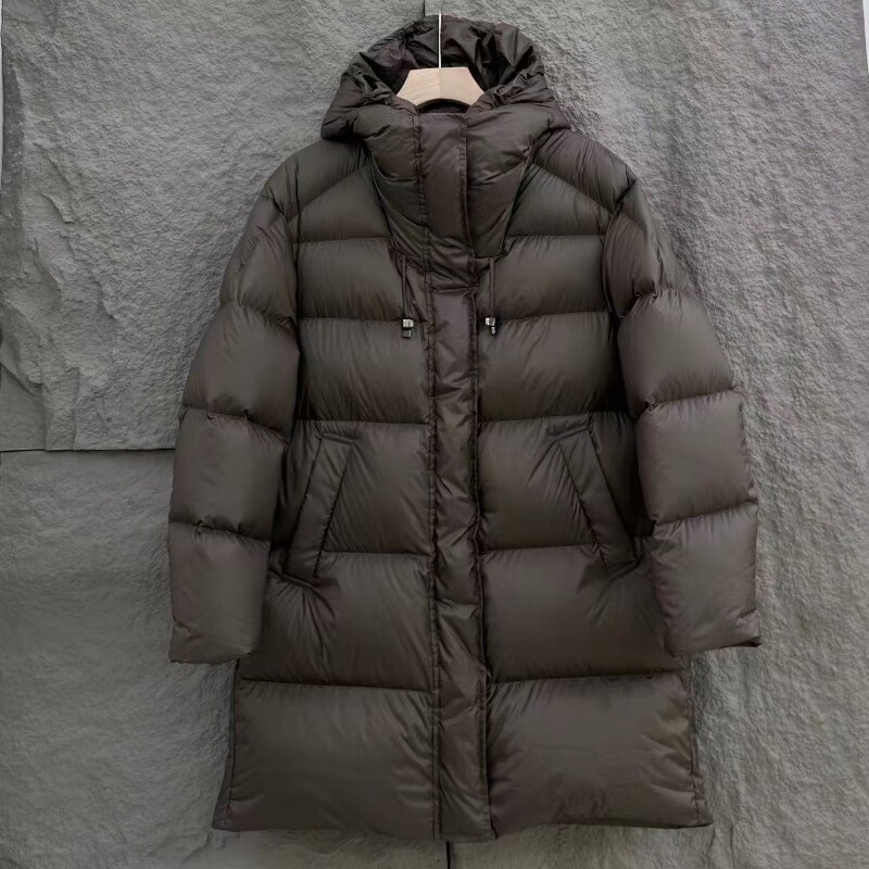 2025 New Winter Mid-Length down Jacket Women's Hooded Bud Thickeneded Loose Fluffy White Duck down Jacket