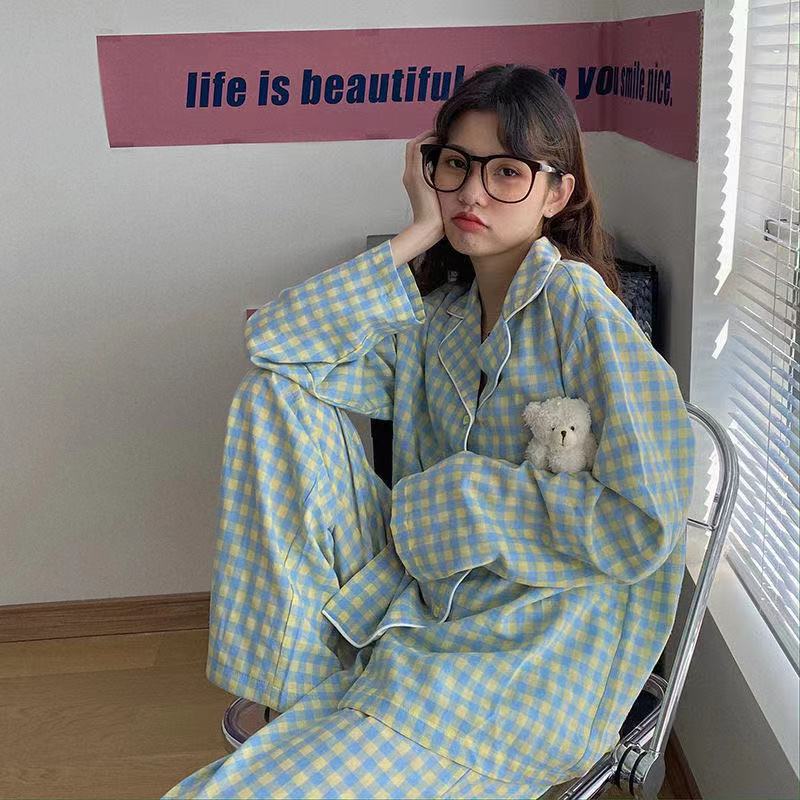 Korean version of grid cute spring and autumn can be worn outside home clothes suit students 2021 new pajamas female spring thin section