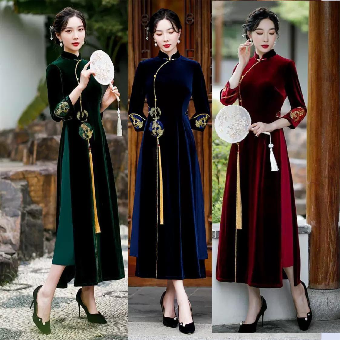 Velvet fitted cheongsam, plus size, Korean style, with embroidery, Chinese style
