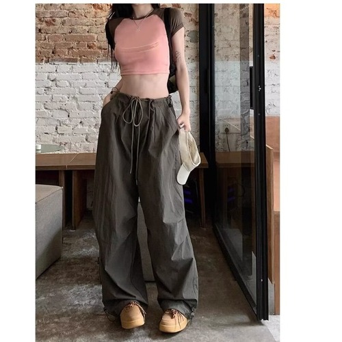American Retro Work Pants for Women - Summer Quick-Dry High-Waisted Slimming Parachute Pants Loose Tapered Crepe Wide-Leg Floor-Length Pants
