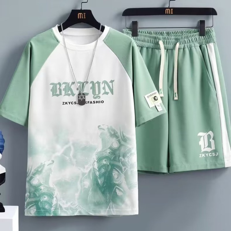 New Wafflesque Men's Casual Sports suit Men's Hong Kong-style Loose plus size Summer Handsome Youth Ice Silk Short Sleeve