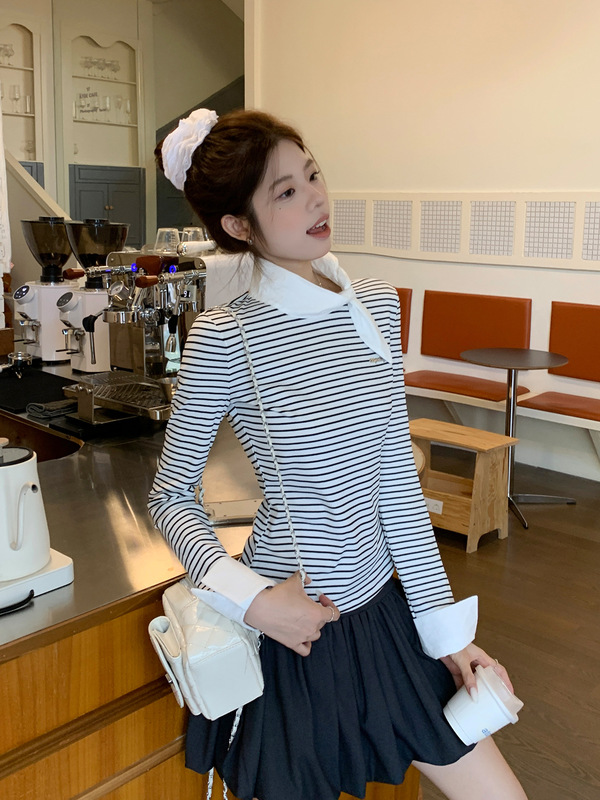 条纹假两件长袖T恤女2025年早秋季新款设计感领结内搭打底衫上衣|undefined