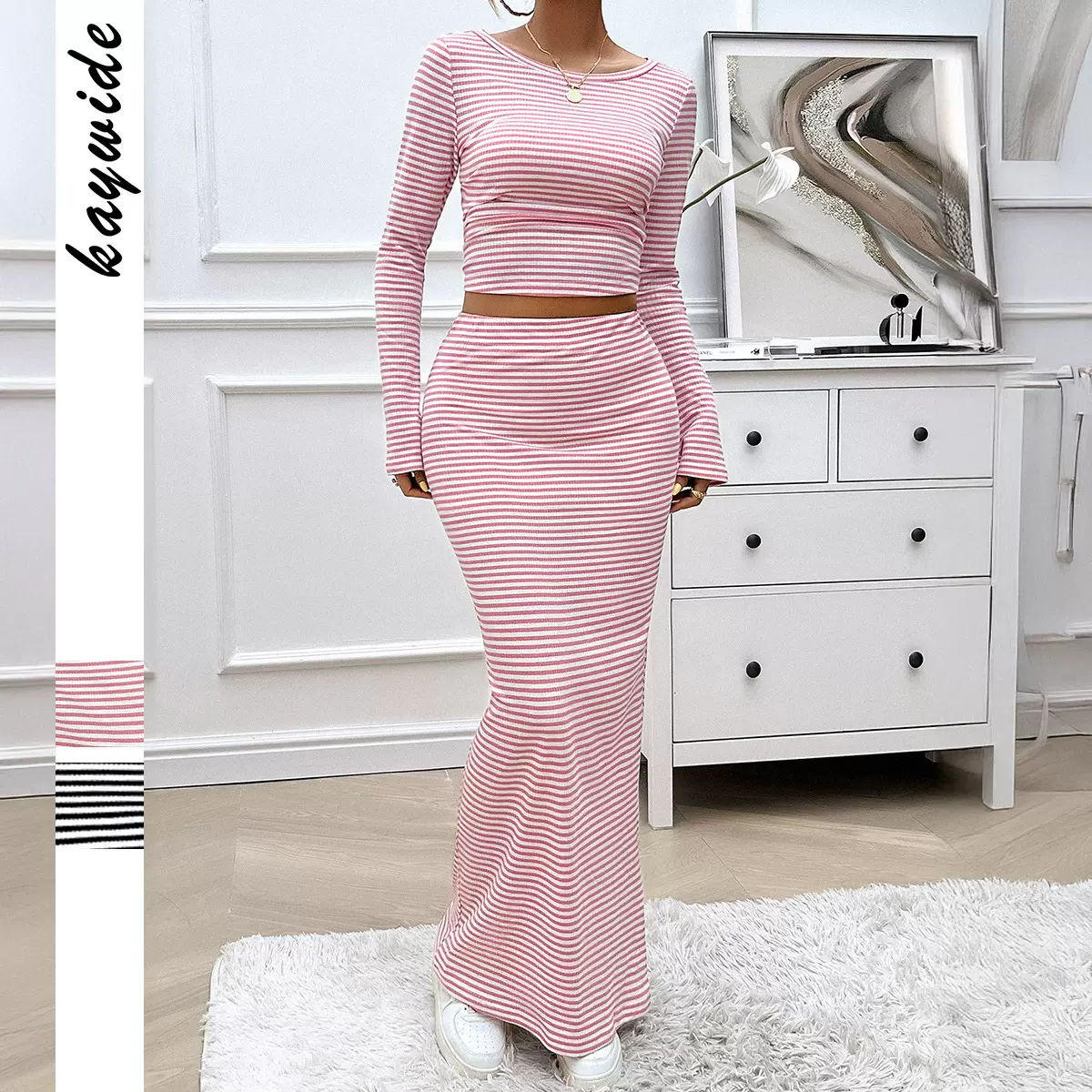 迪芸跨境欧美Y2K辣妹风条纹T恤包臀裙套装女装2025春夏亚马逊外贸