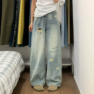 复古水洗破洞阔腿牛仔裤女高腰显瘦宽松垂感拖地直筒牛仔阔腿裤女