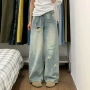 宽松拖地显瘦水洗牛仔裤