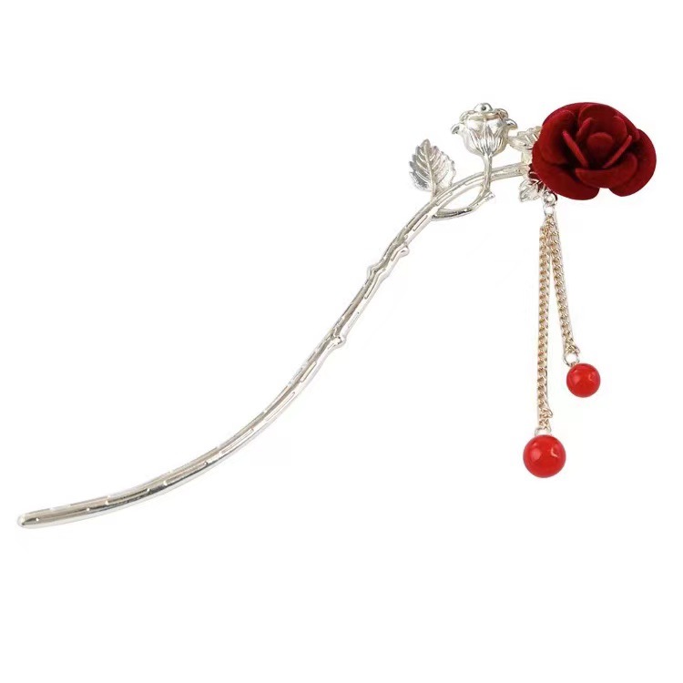 Elegante estilo chino Rosa horquilla estilo antiguo paso sacudida exquisita borla palillos de alto grado retro Hanfu tocado de novia