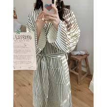 实拍2025秋季新款条纹棉双层棉纱睡衣简约宽松家居服浴袍女批发