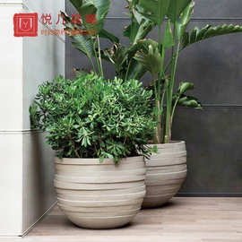 玻璃钢花盆商场条纹花钵波纹凹凸环形花器美陈酒店景观花缸