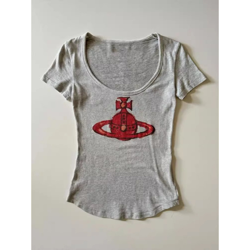 [210g 40 Count Fine Cotton 1*1 Style Gray U-Neck Short-Sleeved T-Shirt for Women Pure Lust Style Slimming Look Short Top