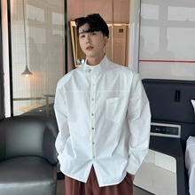 小众极简设计感垫肩白色衬衫男高级感痞帅纯色立领廓形长袖衬衣潮