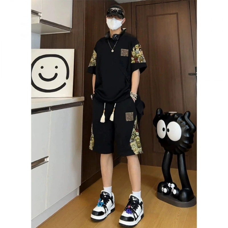 Очень большой размер 150kg спортивная мужская одежда, летние красивые шорты с короткими рукавами, новый наряд в национальном стиле в китайском стиле, полный комплект