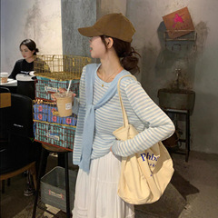 韩系慵懒风针织条纹针织衫女2025秋季薄款长袖t恤女外搭披肩上衣