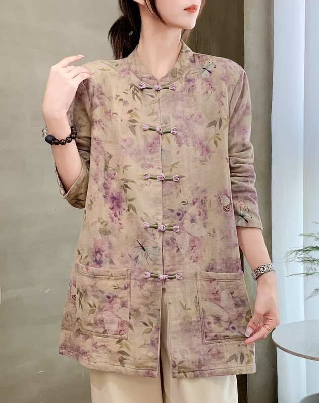 2025款秋季斜纹麻棉国风开衫棉纱文艺数码印花中长款女士盘扣外套|undefined