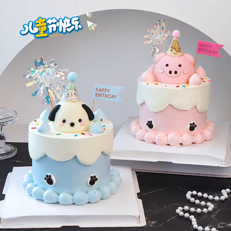 儿童节蛋糕装饰品卡通小粉猪帕恰狗立体摆件节日派对生日甜品点缀