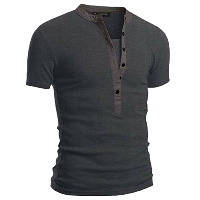 T-shirt d'été à manches courtes et col montant pour homme, couleur unie, coupe slim, boutonné, en forme de V_voghion.com
