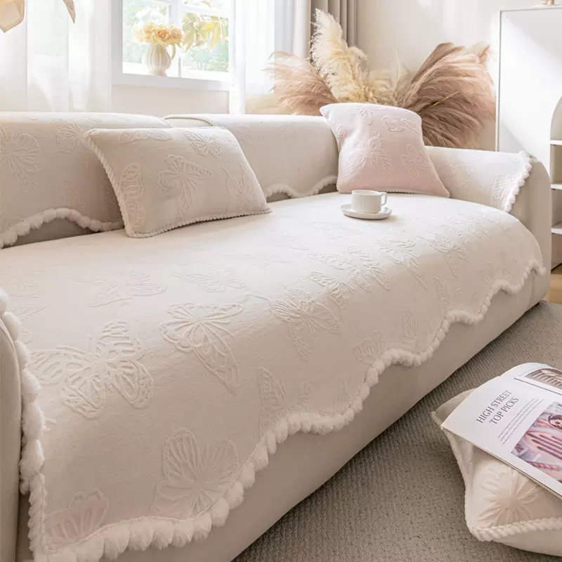 法式奶油风牛奶绒沙发垫秋冬加厚保暖毛绒蝴蝶坐垫2025防滑套罩巾