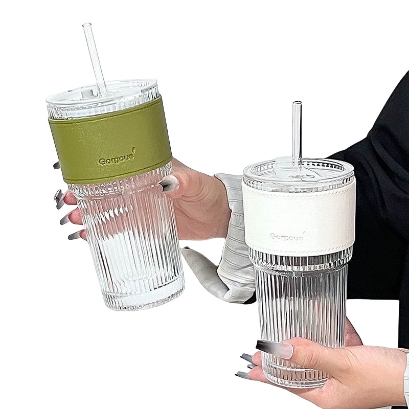 Vertical Stripesd Bamboo Cup, Glass Straw Coffee Cup, High-Looking Double Drinking Cup, Gift Cup, Ins Feng Shui Cup