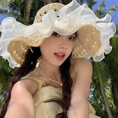 レースの漁師の帽子麦わら日よけ帽子女性の大きなつば夏通気性海辺のビーチ帽子日焼け止め帽子