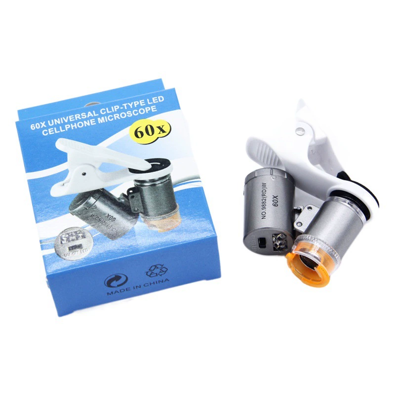 9882(RD)W Новый 60-кратный идентификационный микроскоп портативный мини-мощный холодный и теплый свет мобильный телефон с зажимом увеличительное стекло