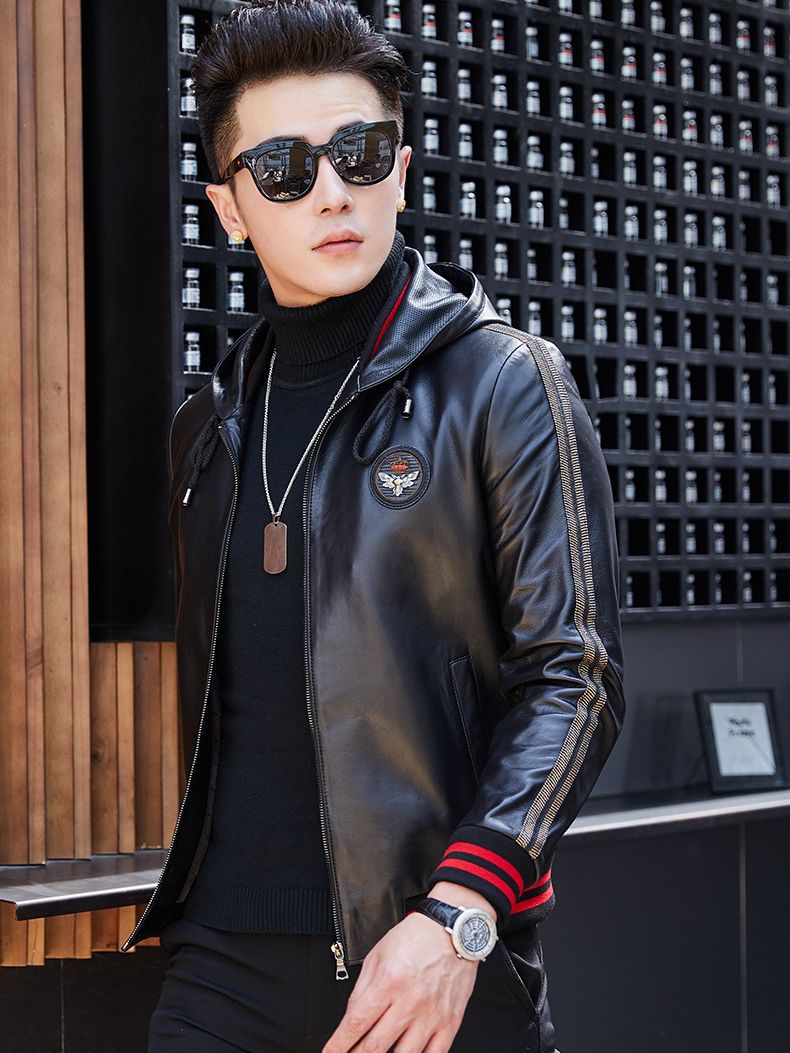 Sheepskin Genuine Leather Jacket for Men, Hooded Casual Wear, Thin Style for Spring and Autumn, Haining Leather Jacket, Single Jacket, Pure Leather