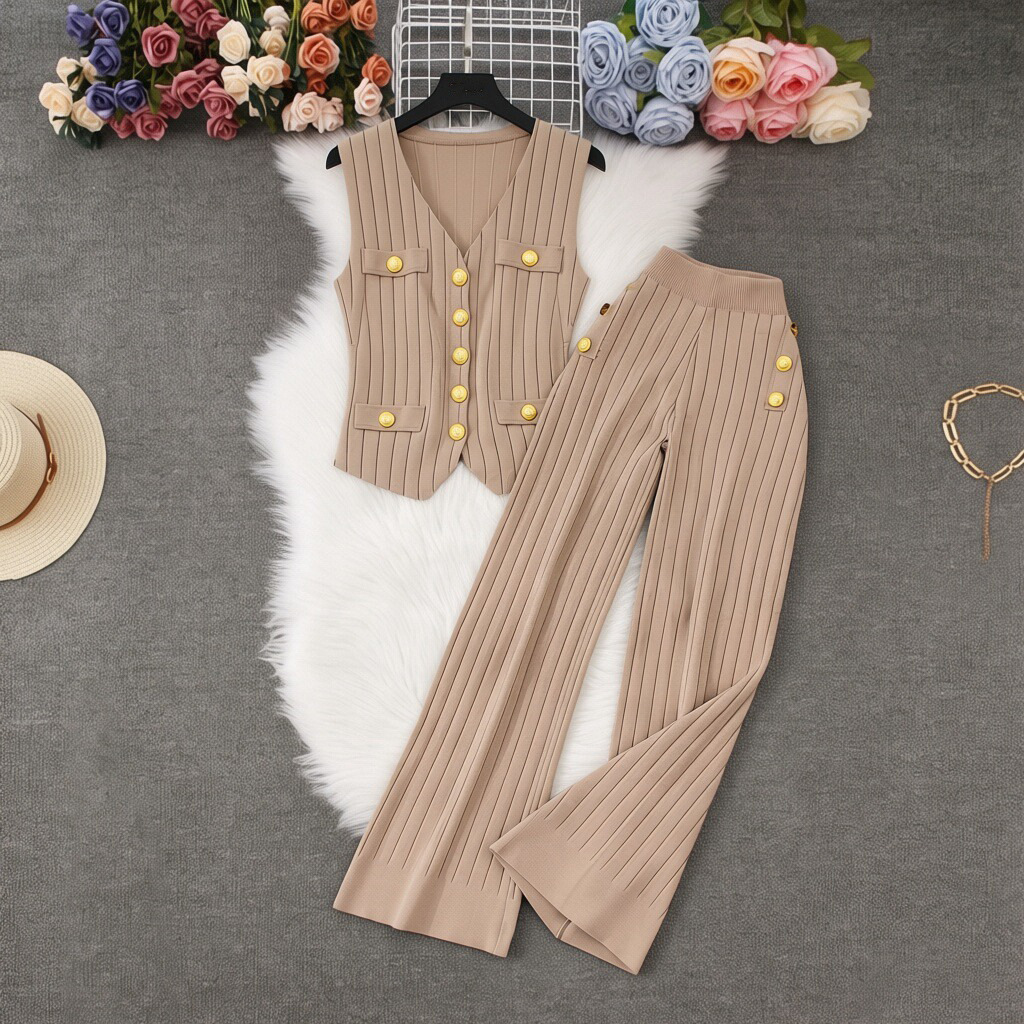 Women's Knitted Two-Piece Suit Fashionable Metal Buckle Woolen Top And Loose Wide Leg Pants High-End Pant Set_ecoleips.com