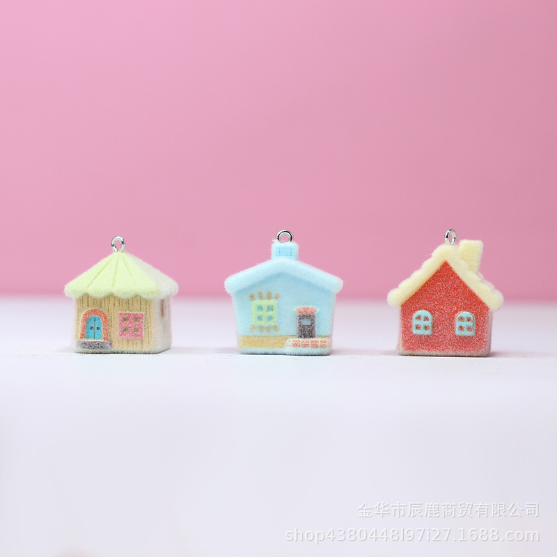 Flocked Cartoon House Resin Pendant DIY Micro Landscape Ornament Decoration Phone Chain Bag Charm Keychain Pendant