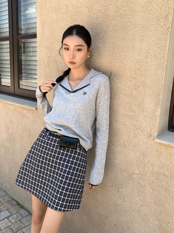 衣尔衫 Miu系 羊毛坑纹西装领刺绣针织衫女撞色气质显瘦正肩0561|undefined
