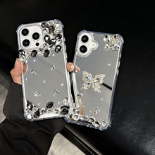 适用苹果16promax手机壳17Pro保护套镶钻镜面壳防摔三星 S25/A16