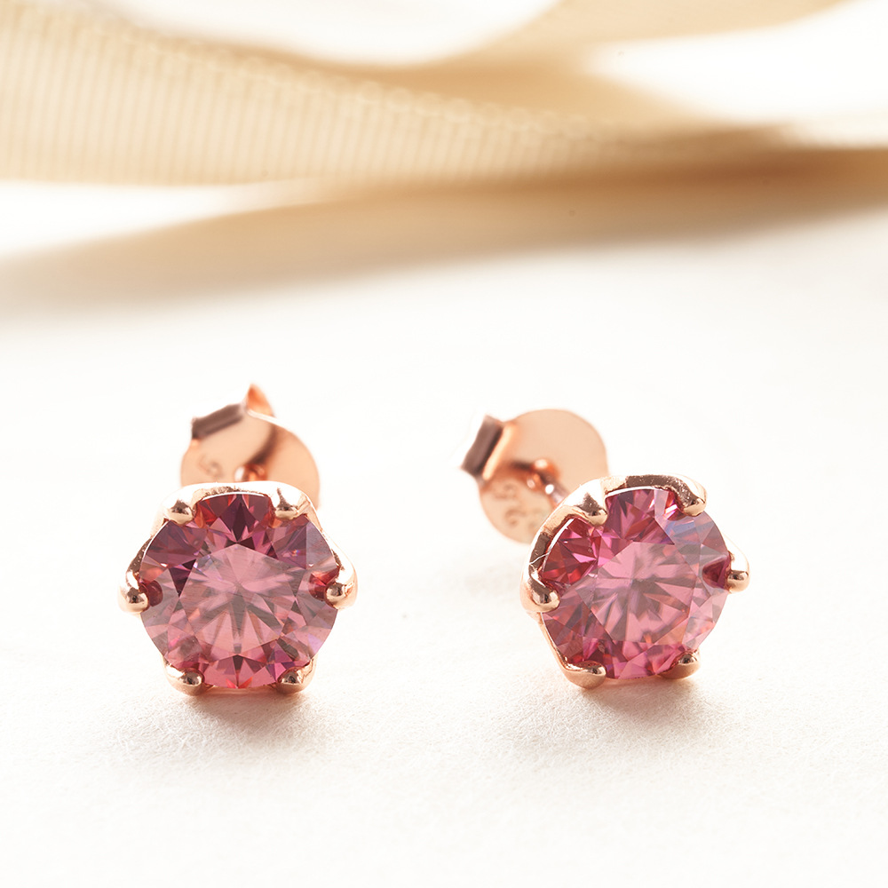 Plata esterlina seis patas rosa oro mozanita pernos de orejas color rosa mozanita pernos de orejas con certificado de mozanita temperamento