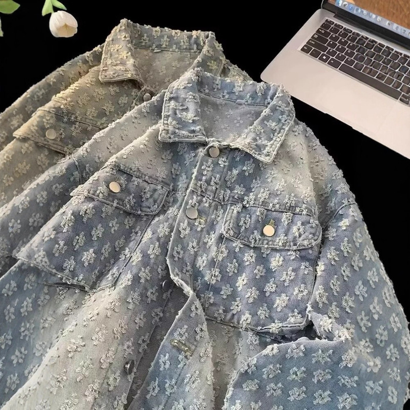Hong Kong Style Jacquard Design Ripped Denim Jacket Men's Small Fragrant Korean Style Loose Jacket Spring & Fall American Retro Top Hong Kong Style Jacquard Design Ripped Denim Jacket Men's Small Fragrant Korean Style Loose Jacket Spring & Fall American Retro Top