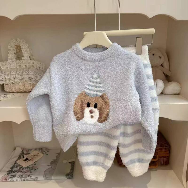 2025 Autumn and Winter Pajamas Autumn and Winter Thickened Children's Home Clothes Set Girls Coral Velvet Boys Outerwear Winter Two-Piece Set