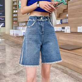 五分牛仔短裤女夏季薄款高腰显瘦a字版梨型身材宽松直筒阔腿毛边