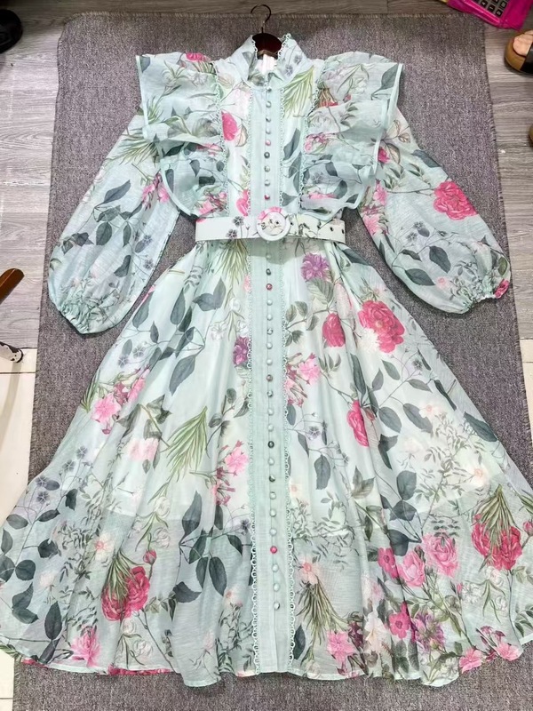 2025早秋新款立领花边系带欧美复古宫廷风荷叶花边印花连衣裙女|undefined