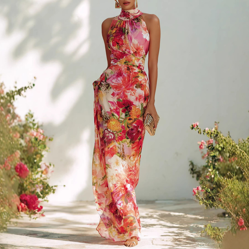 2026 New Cross-Border European and American Spring/Summer French-Style Elegant Floral Halter Neck Sleeveless Slim Chiffon Dress 2026 New Cross-Border European and American Spring/Summer French-Style Elegant Floral Halter Neck Sleeveless Slim Chiffon Dress
