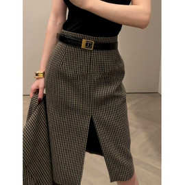 欧货秋冬新款前开叉御姐范包臀复古格纹呢子高腰直筒半身裙显瘦女