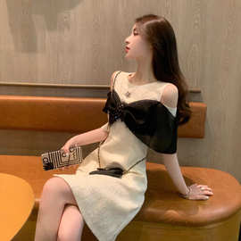 UI0701法式小香风蝴蝶结拼接露肩连衣裙女2026夏季新款高端收腰a