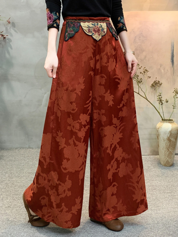 2025秋季缎面提花九分裤刺绣腰片款式女士大码阔腿裤|undefined