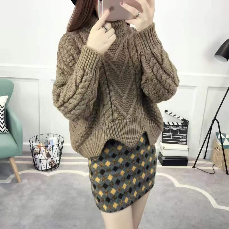 Y9Z fleece-lined/no fleece-lined autumn and winter Korean version of loose turtleneck pullover sweater short coarse wool coat for female students